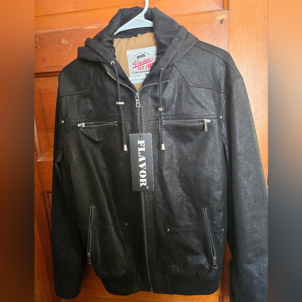 NWT Flavor Black Leather Jacket With Hood. Mens Med